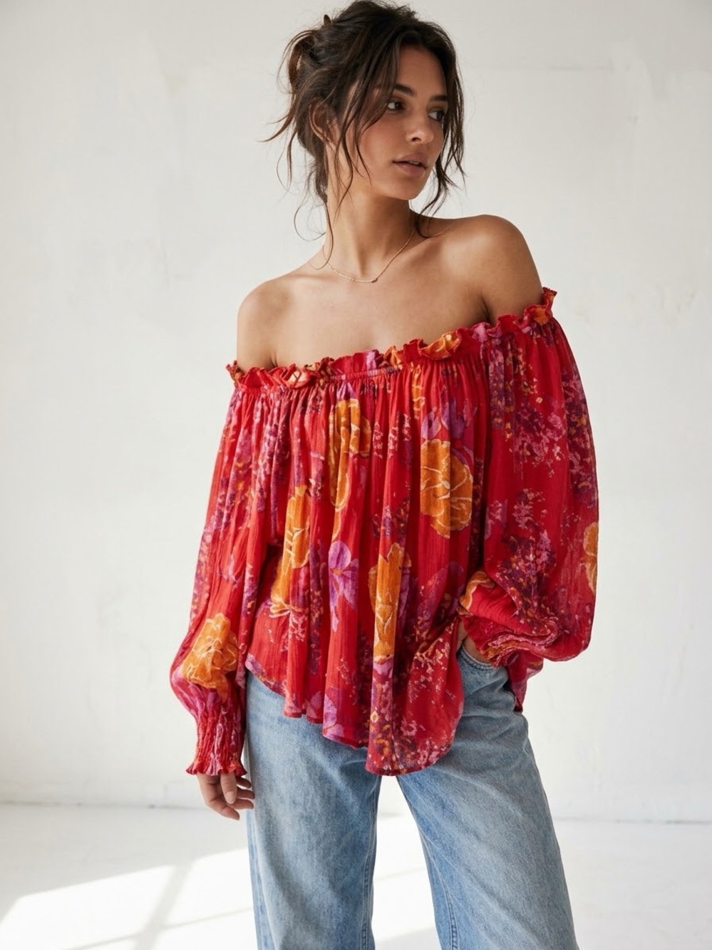 NWT Free People Red Floral Off-Shoulder Boho Peasant Blouse XS